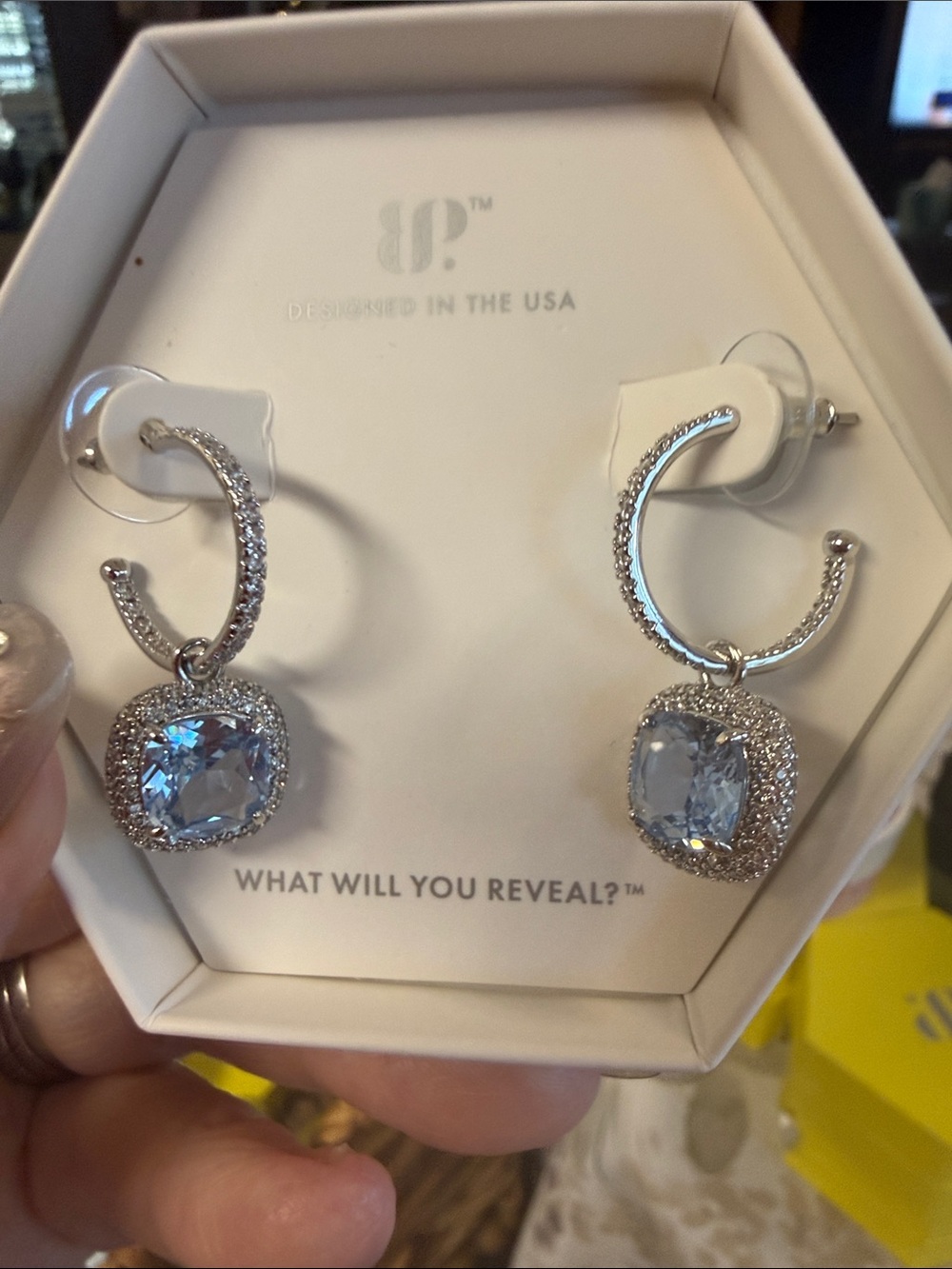 Silver Drop Earrings with Light Blue Cushion Stones